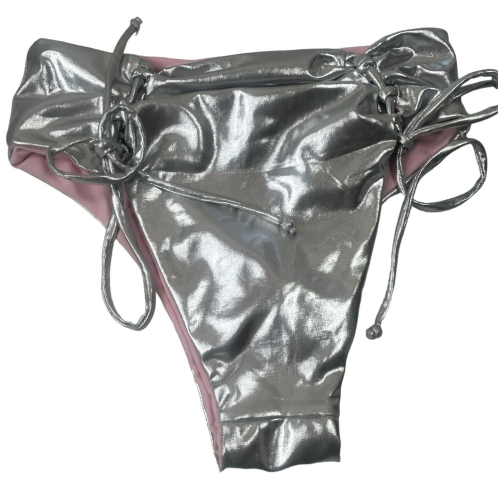 Karmas Bikini Bottom Silver Metallic Lace Up Sides Size XS